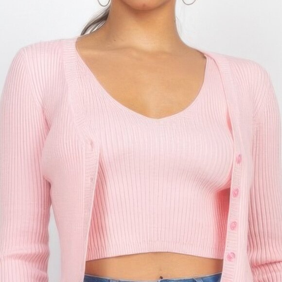 Ladies Pink 2pc Cardigan Sweater & crop tank set size Large New - Picture 2 of 4